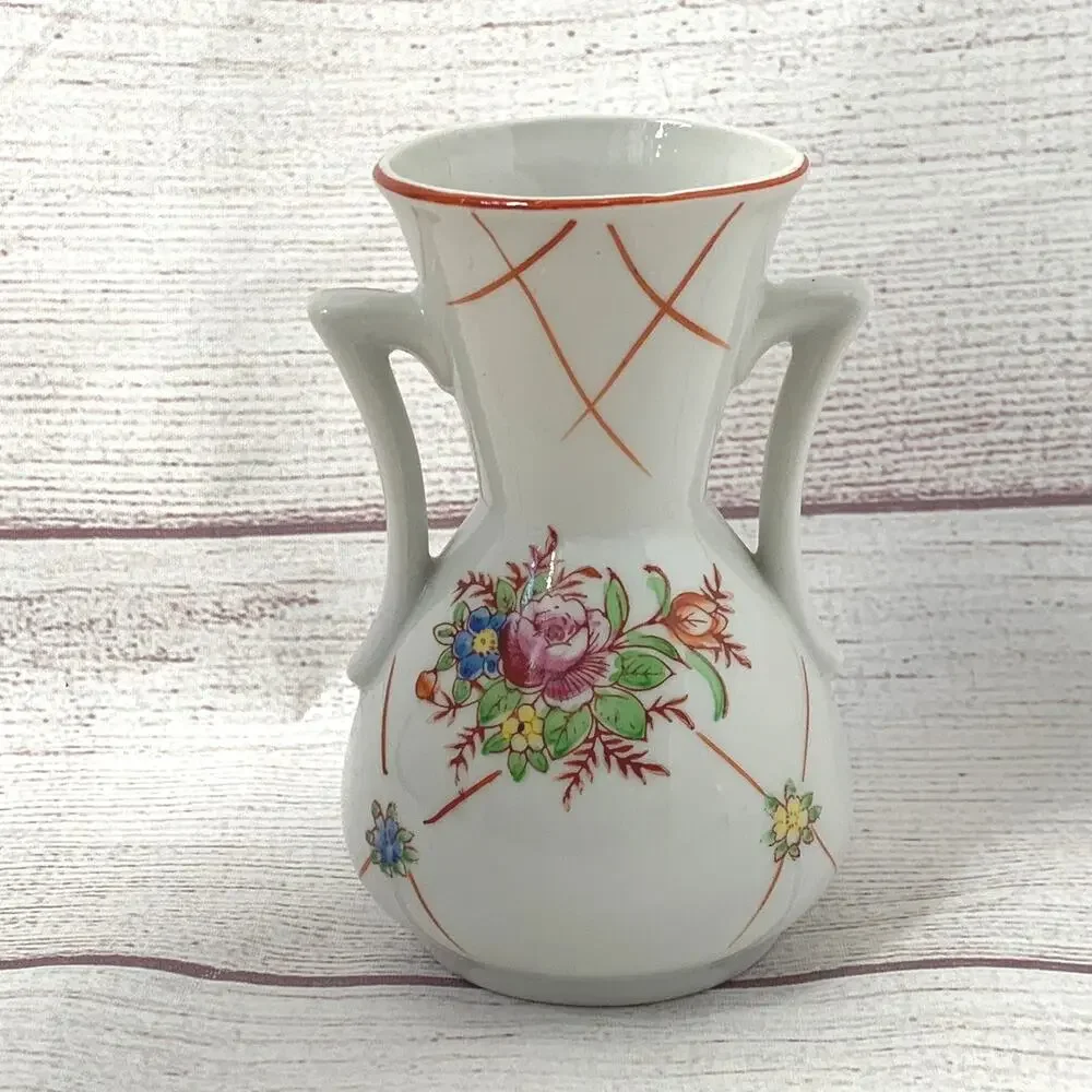 Vintage Japanese Double Handle Ceramic Vase Floral Motif Art Deco 4 5/8